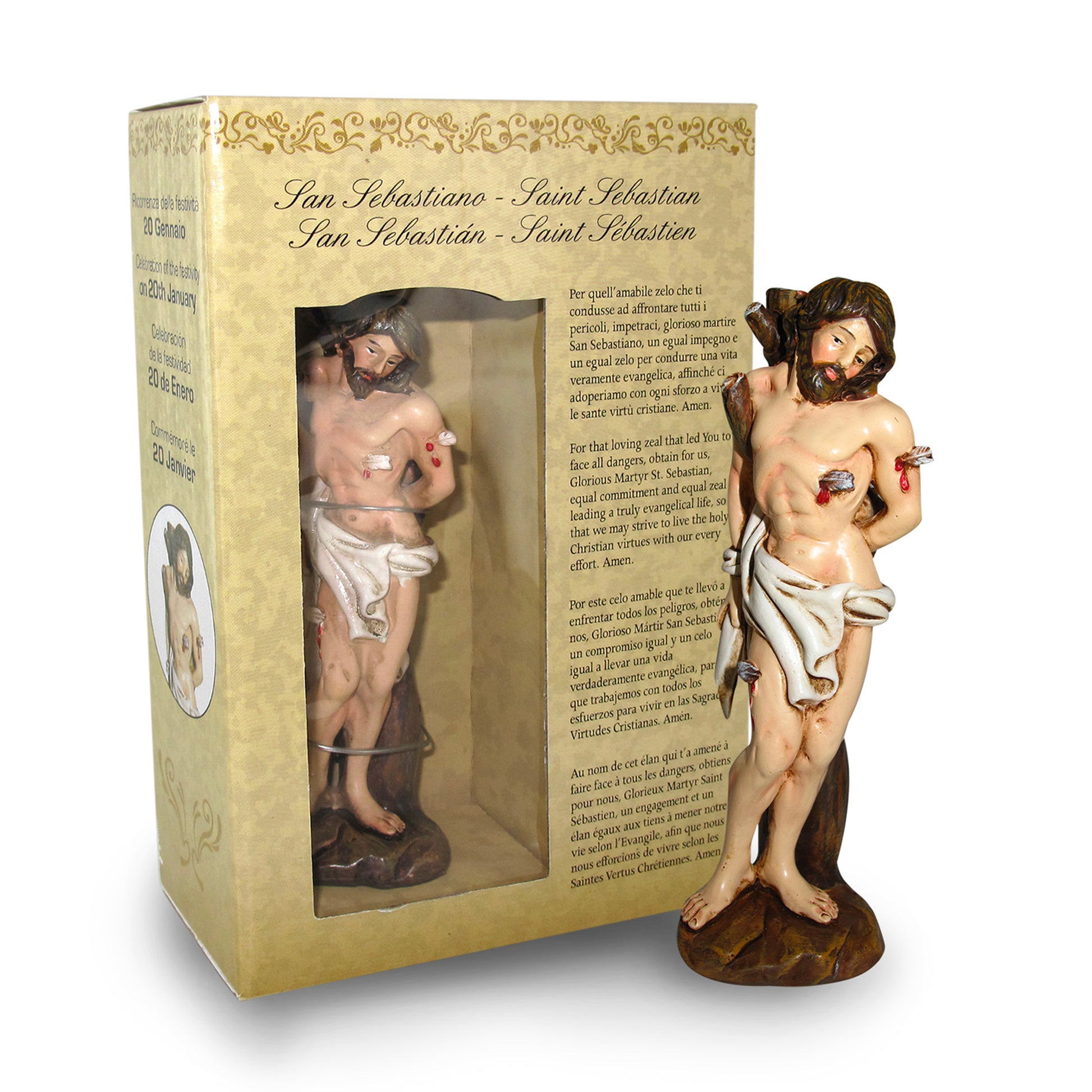 Statua San Sebastiano in resina, in confezione regalo. Altezza 12 cm
