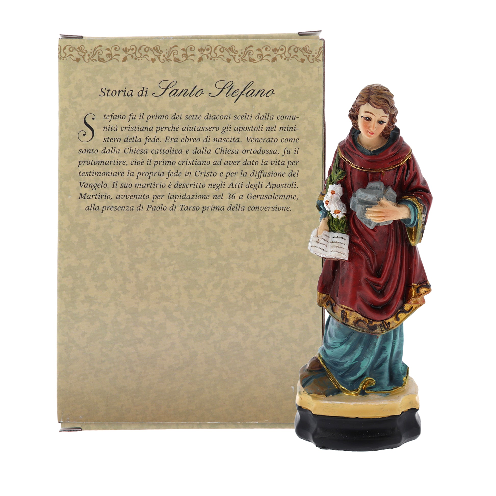 Statua Santo Stefano in resina, in confezione regalo. Altezza 12 cm
