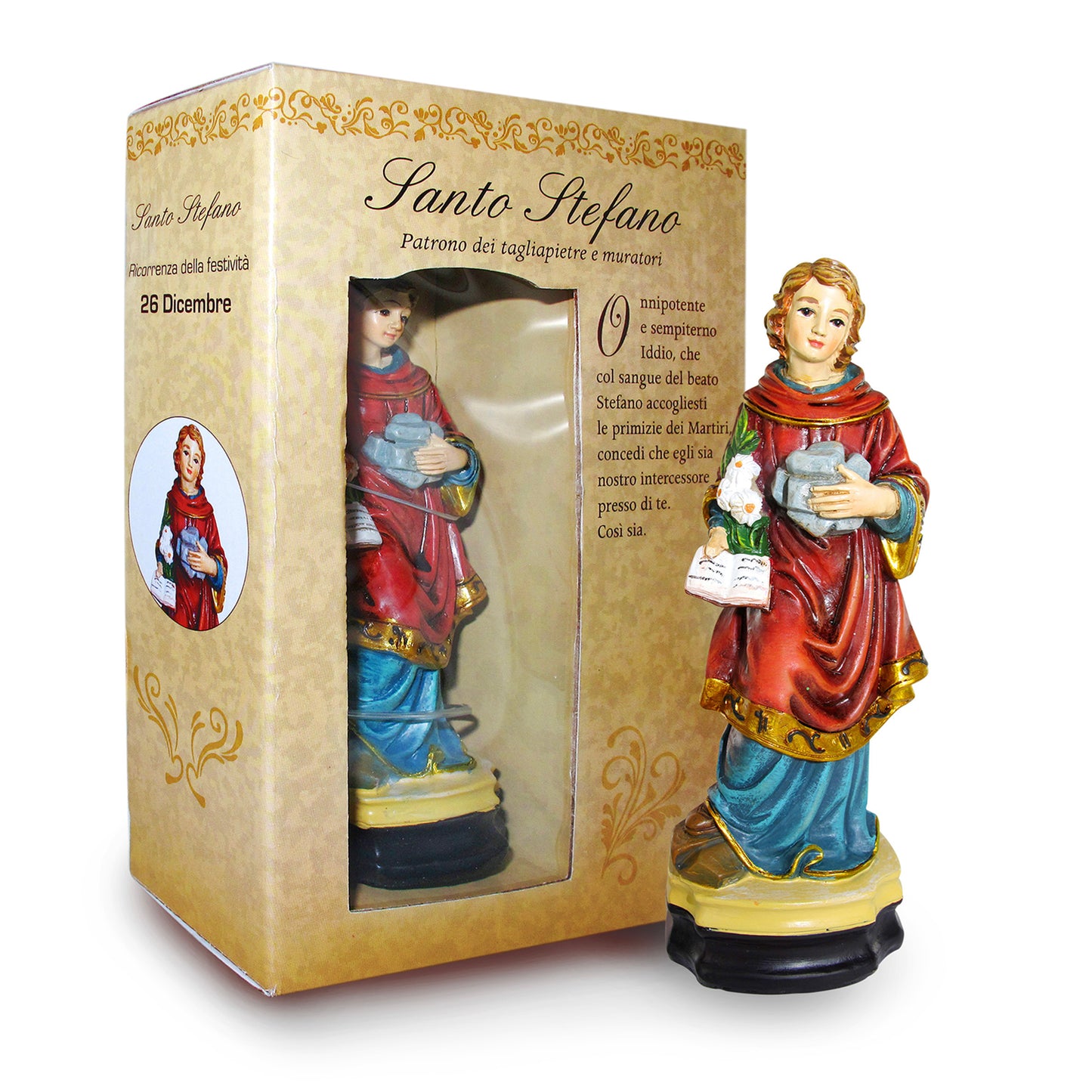 Statua Santo Stefano in resina, in confezione regalo. Altezza 12 cm