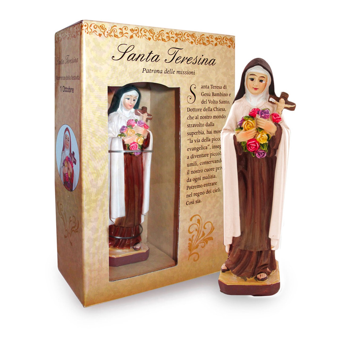 Statua Santa Teresa di Lisieux in resina, in confezione regalo. Altezza 12 cm