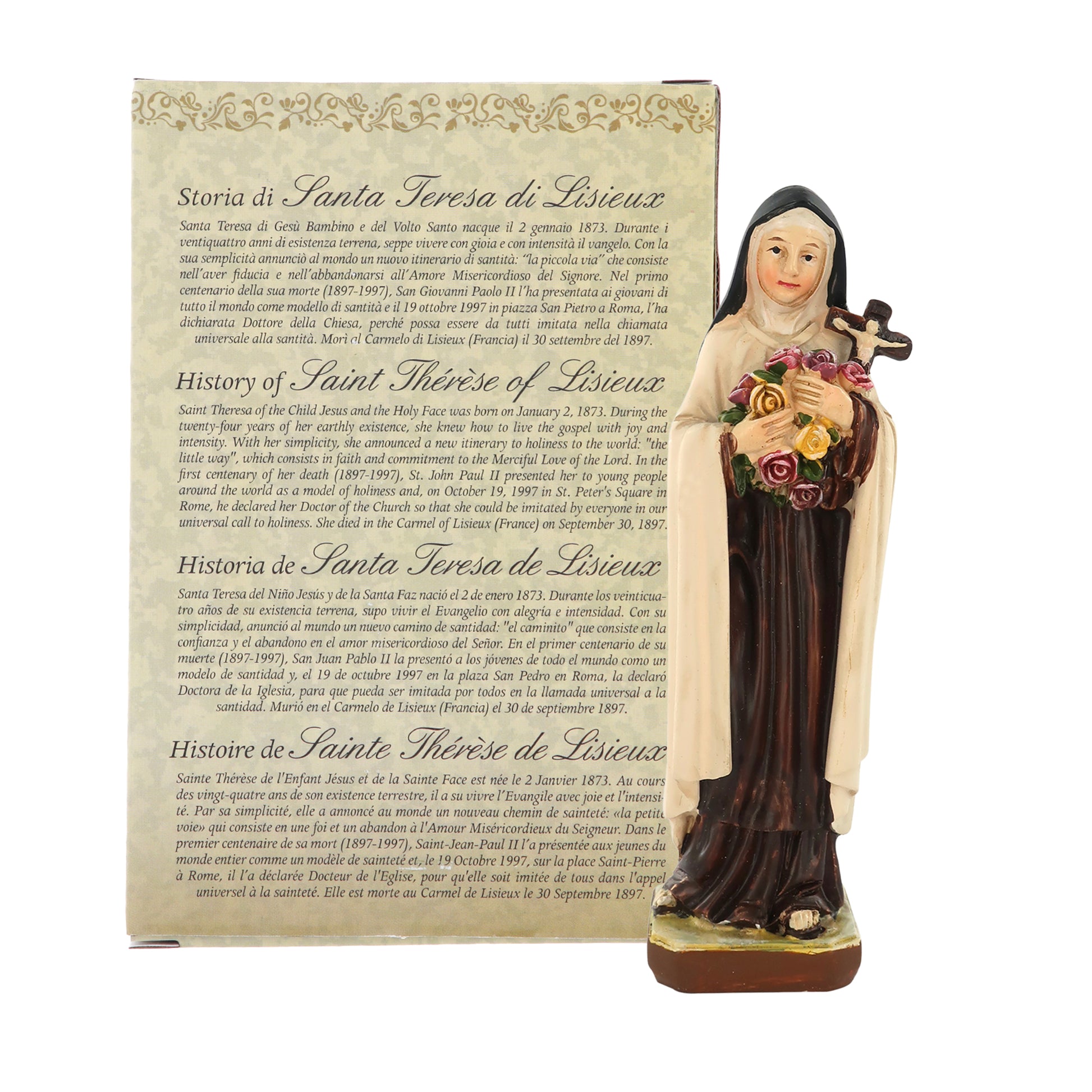 Statua Santa Teresa di Lisieux in resina, in confezione regalo. Altezza 12 cm