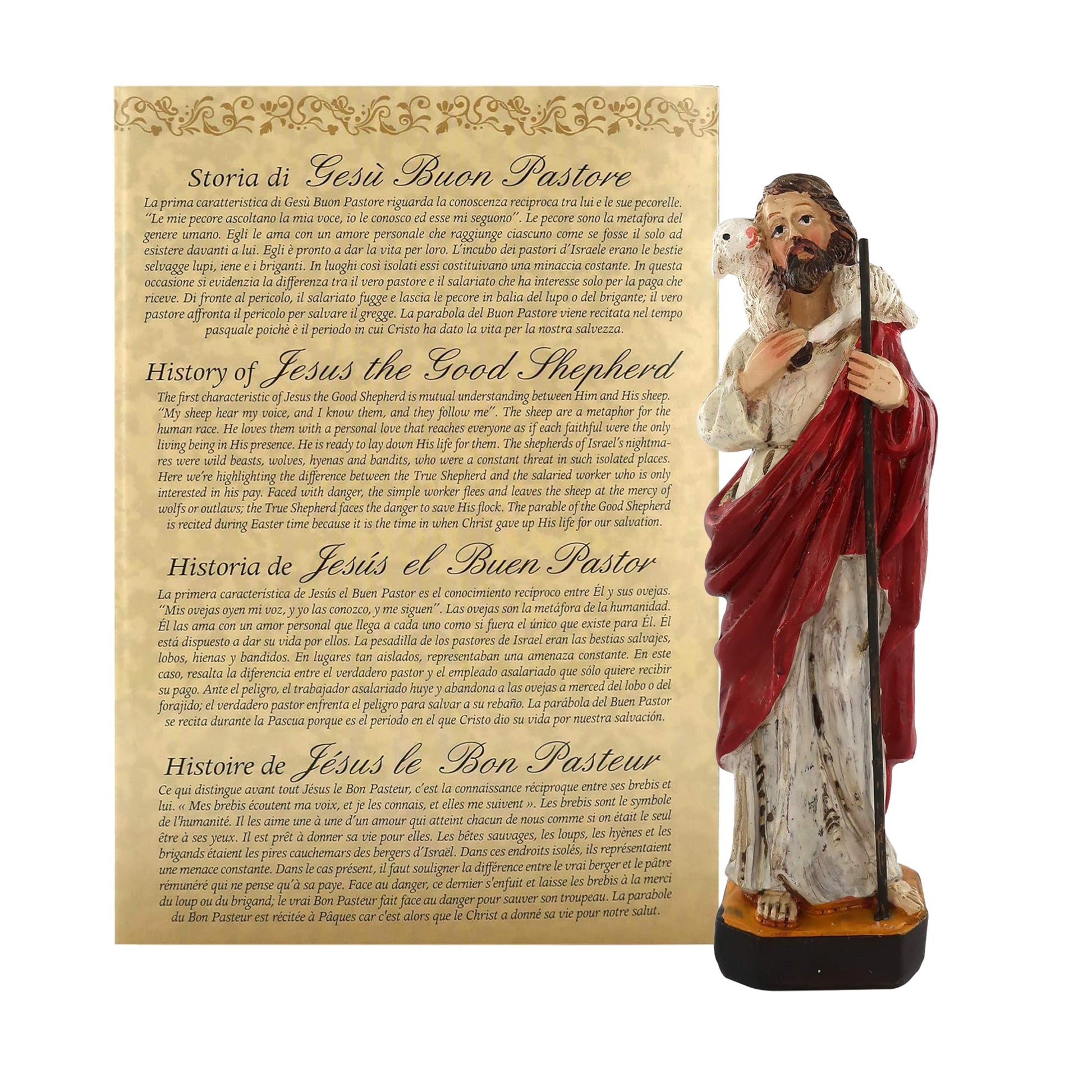 Statua Cristo Buon Pastore in resina, in confezione regalo. Altezza 12 cm