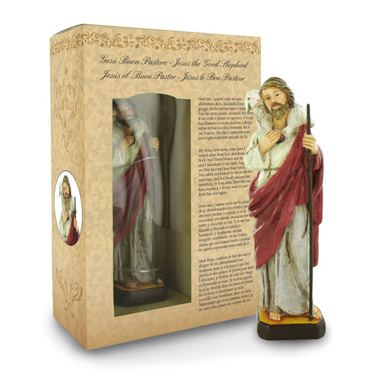 Statua Cristo Buon Pastore in resina, in confezione regalo. Altezza 12 cm