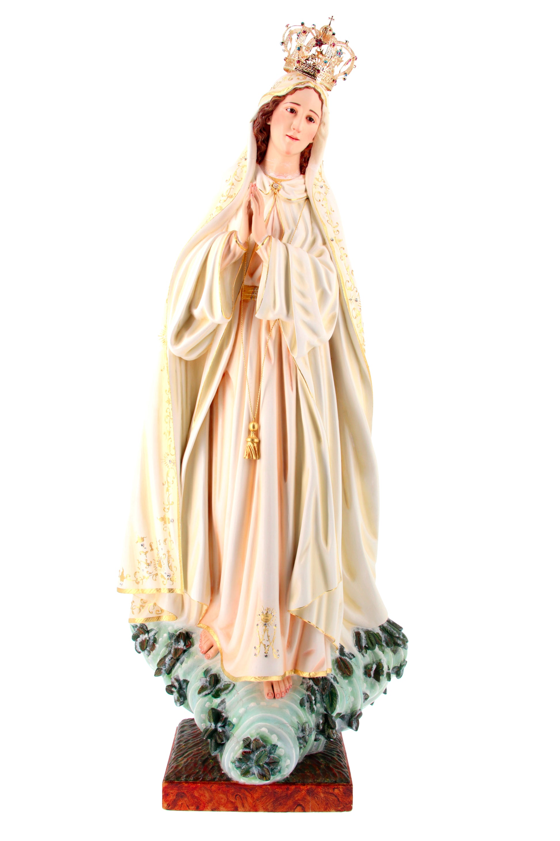 Statua Madonna di Fatima su Leccio in legno decorato. Altezza 120 cm