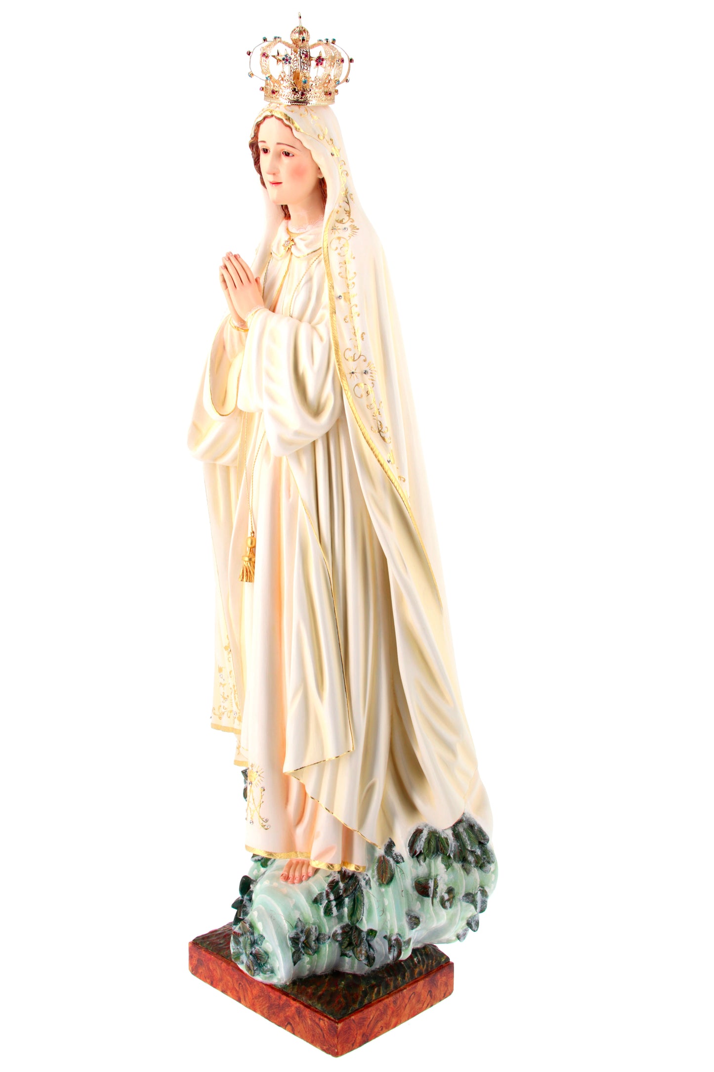 Statua Madonna di Fatima su Leccio in legno decorato. Altezza 120 cm