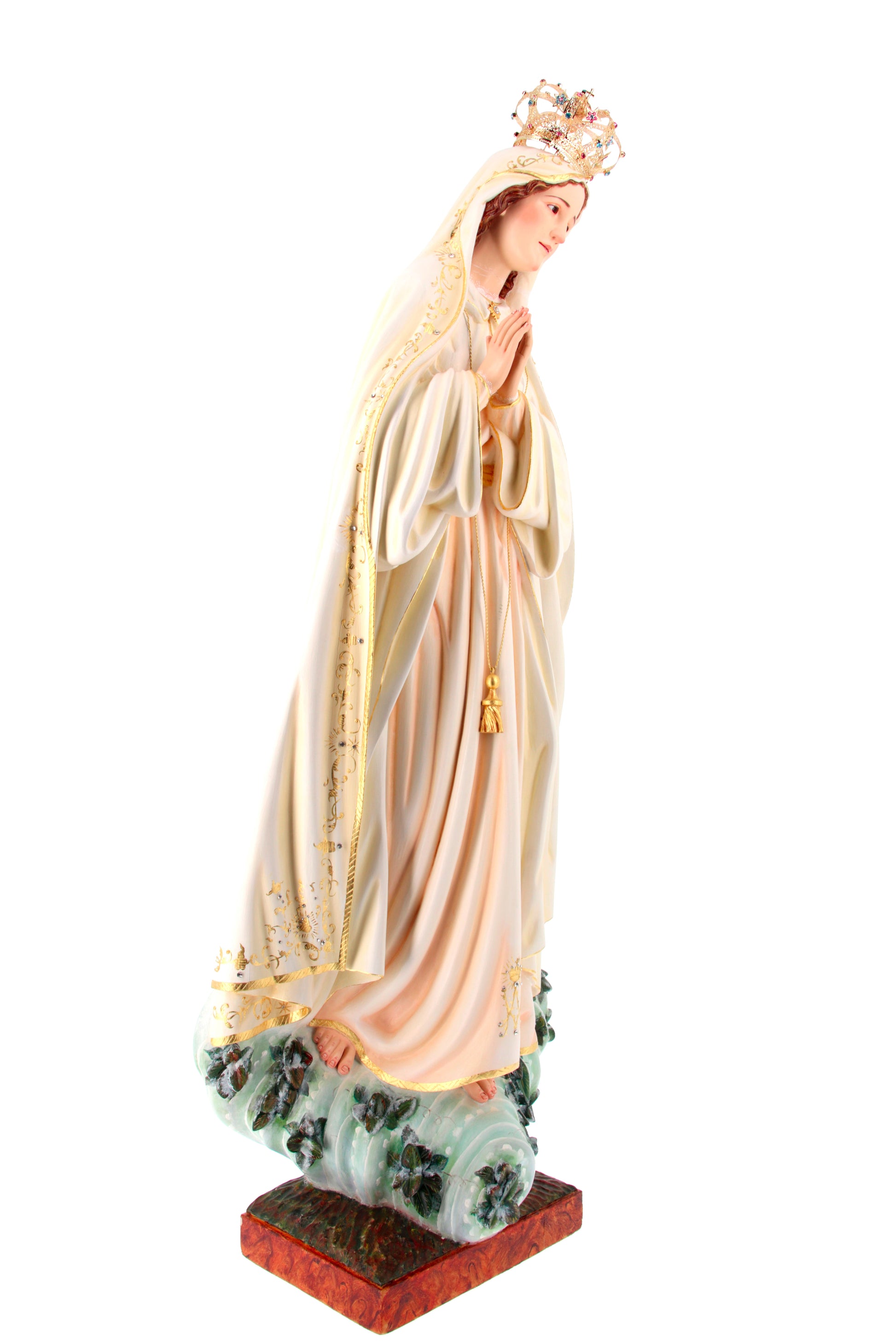 Statua Madonna di Fatima su Leccio in legno decorato. Altezza 120 cm