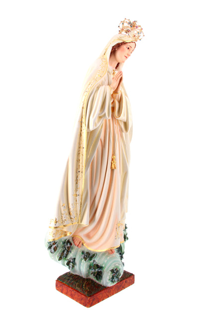 Statua Madonna di Fatima su Leccio in legno decorato. Altezza 120 cm