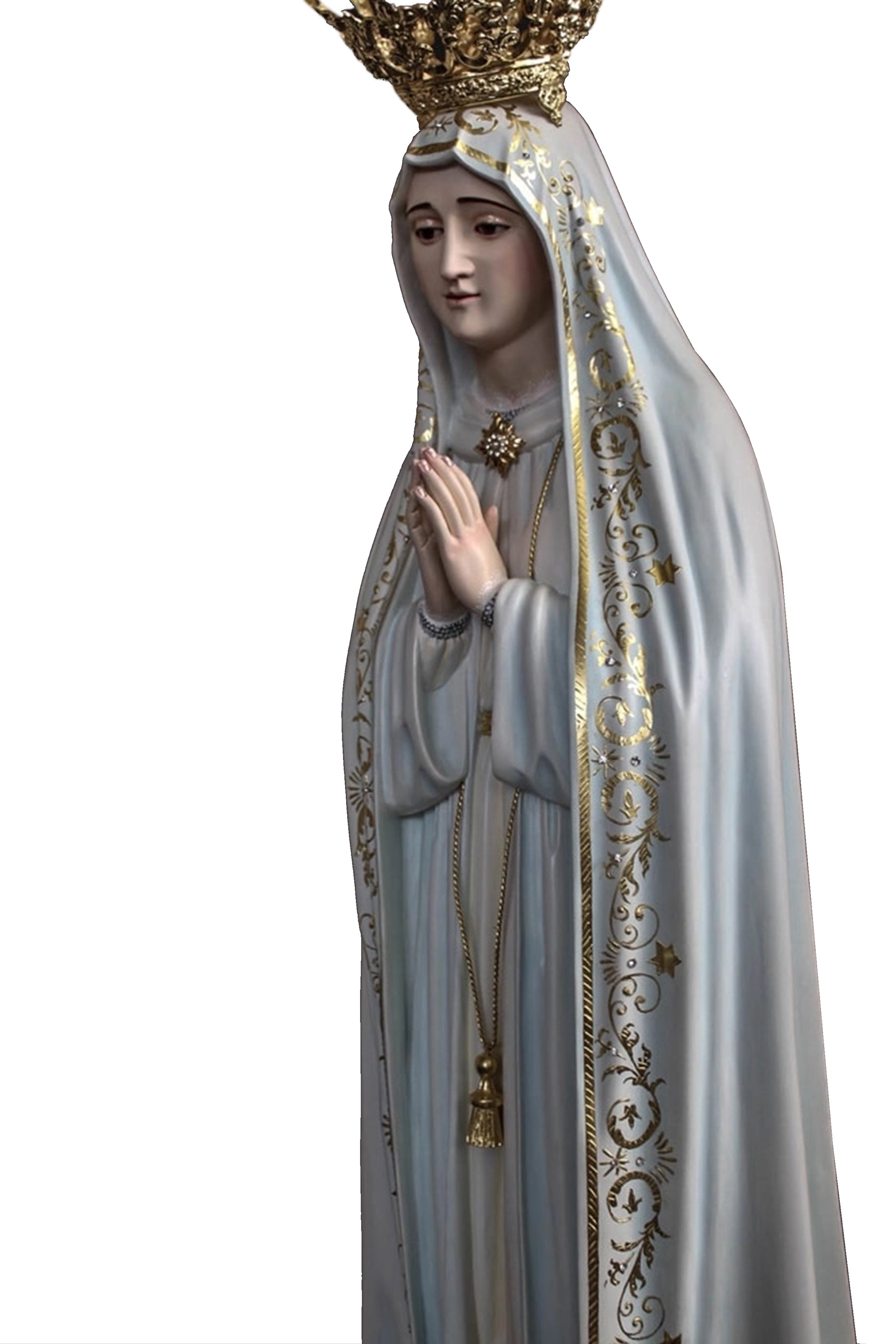 Statua Madonna di Fatima in legno decorato. Altezza 105 cm