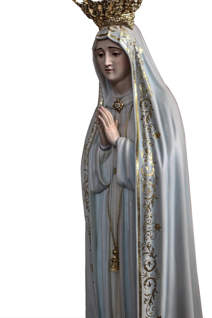 Statua Madonna di Fatima in legno decorato. Altezza 105 cm