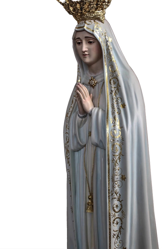 Statua Madonna di Fatima in legno decorato. Altezza 105 cm