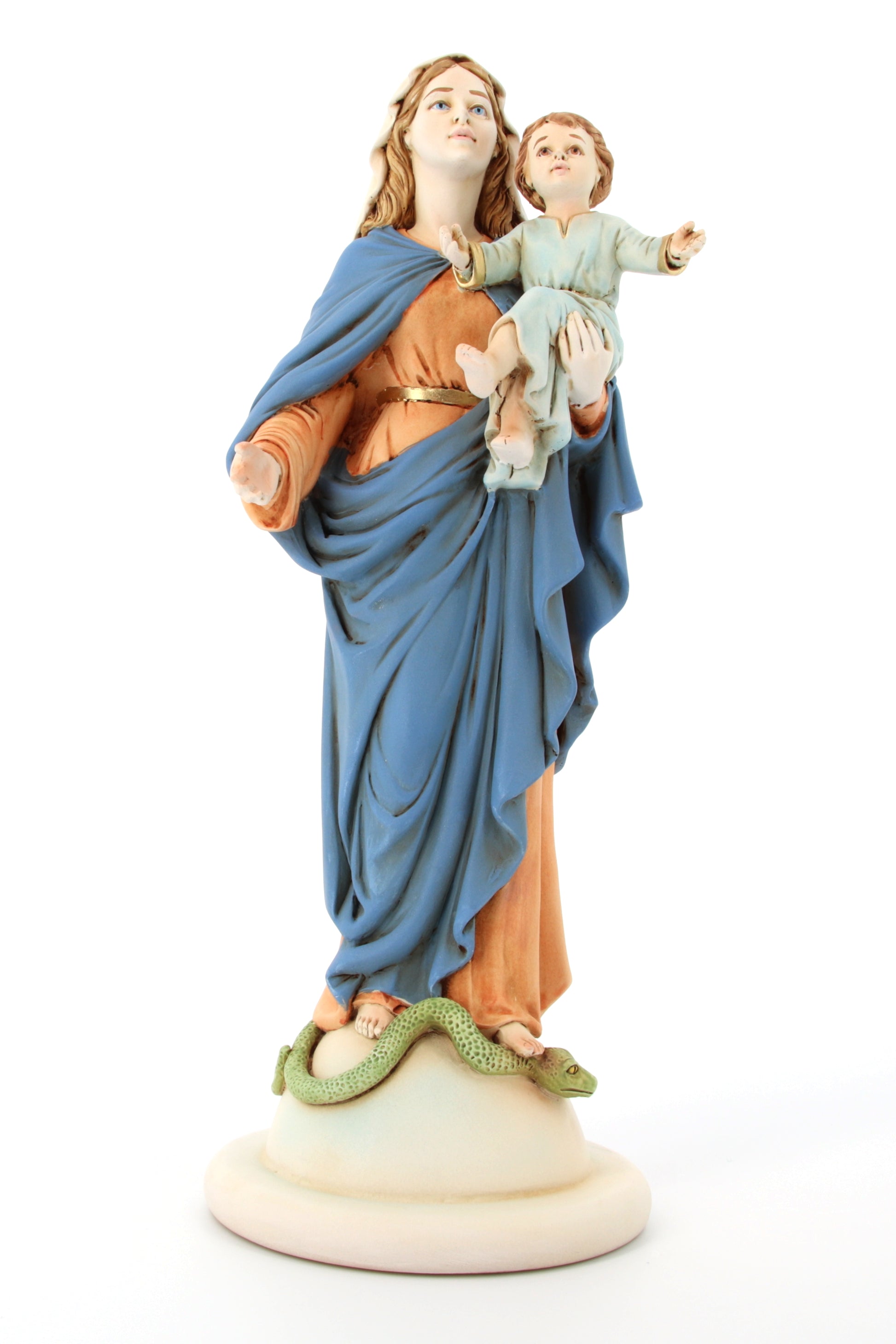 Statua Madonna con Bambino, in polvere di marmo colorata. Altezza 32 cm
