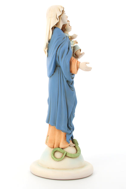 Statua Madonna con Bambino, in polvere di marmo colorata. Altezza 32 cm
