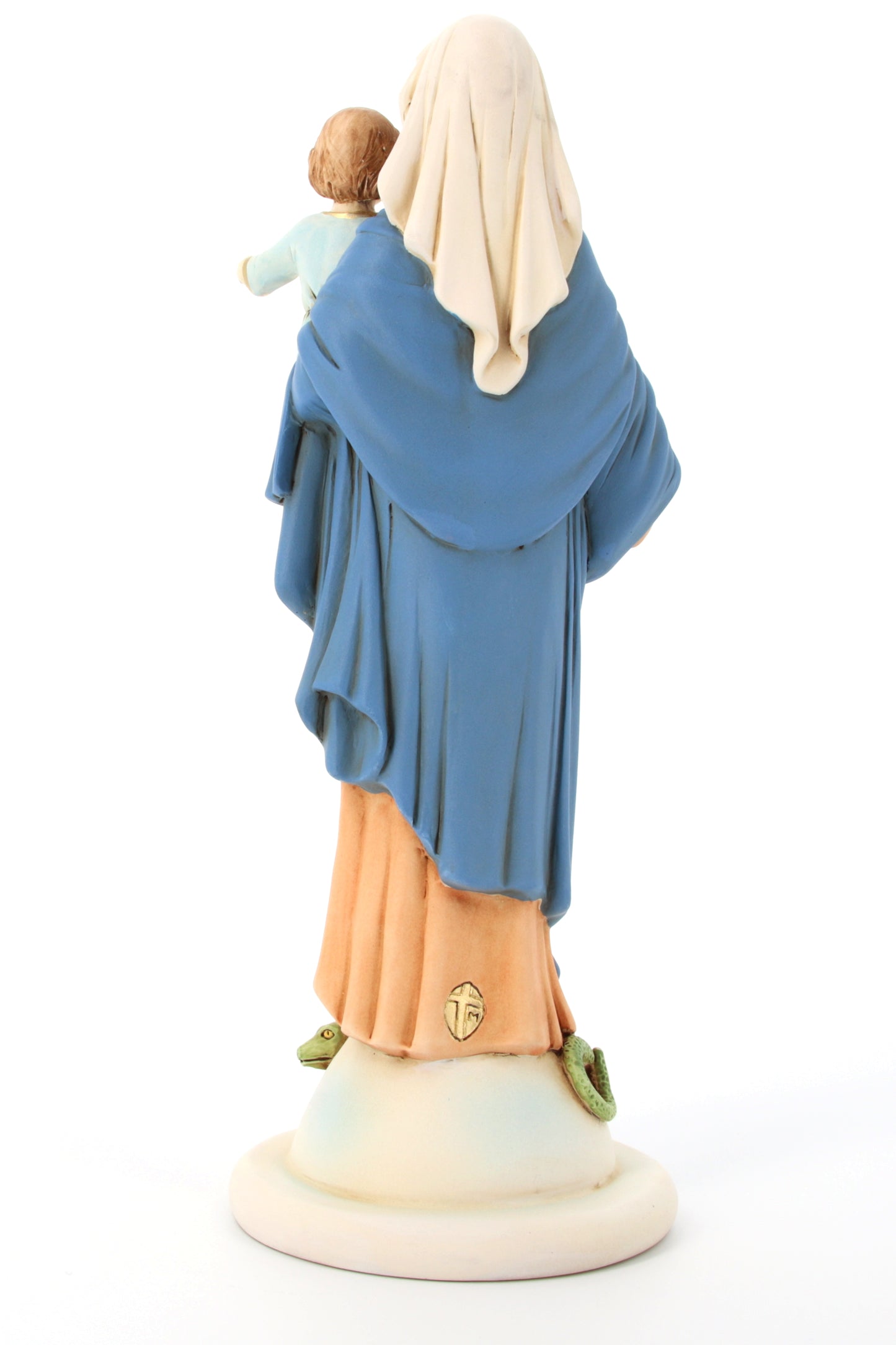Statua Madonna con Bambino, in polvere di marmo colorata. Altezza 32 cm