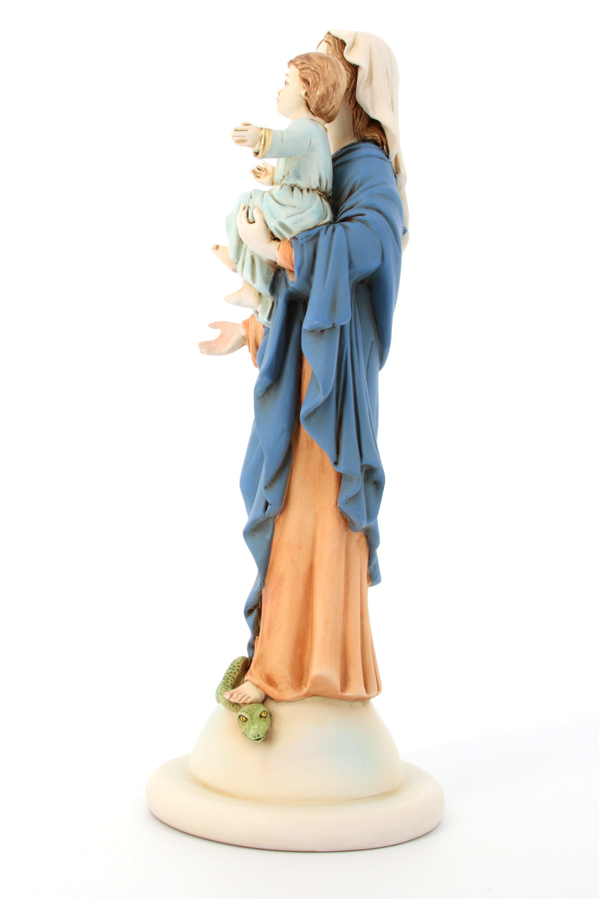 Statua Madonna con Bambino, in polvere di marmo colorata. Altezza 32 cm