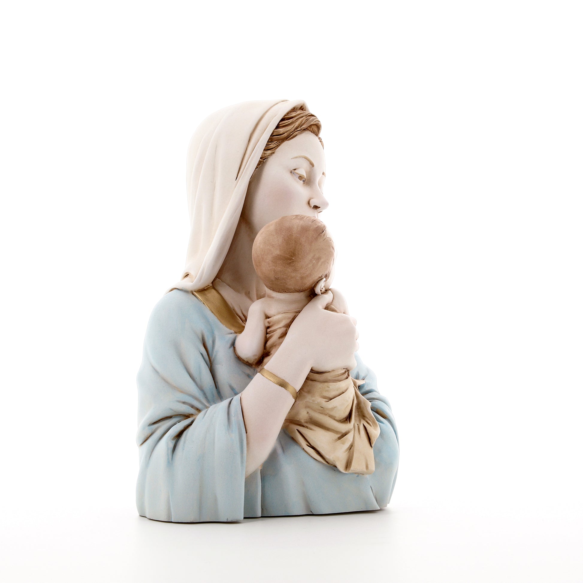 Statua mezzo busto Madonna con Bambino, in polvere di marmo colorata. Altezza 25 cm