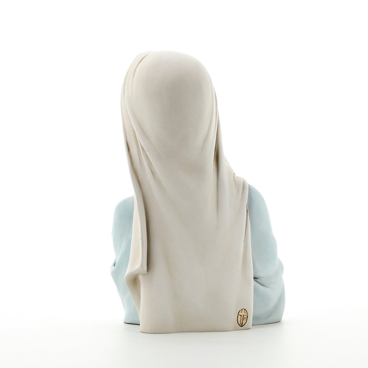 Statua mezzo busto Madonna con Bambino, in polvere di marmo colorata. Altezza 25 cm