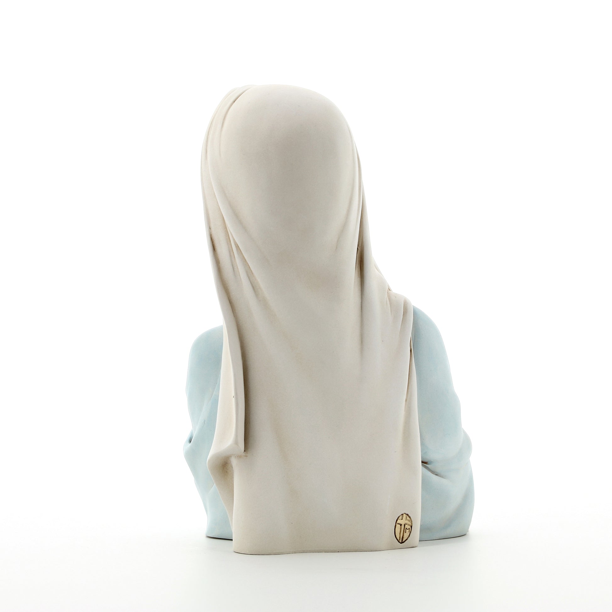 Statua mezzo busto Madonna con Bambino, in polvere di marmo colorata. Altezza 25 cm