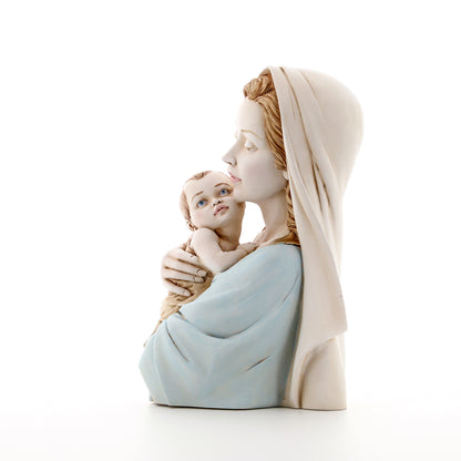 Statua mezzo busto Madonna con Bambino, in polvere di marmo colorata. Altezza 25 cm