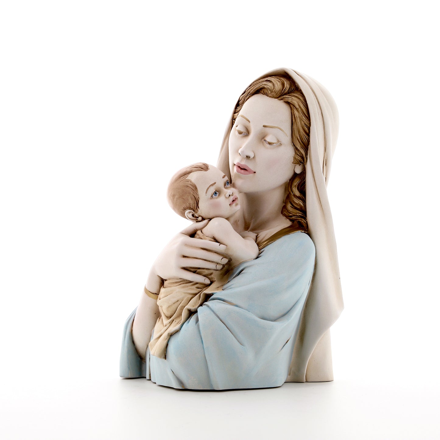 Statua mezzo busto Madonna con Bambino, in polvere di marmo colorata. Altezza 25 cm