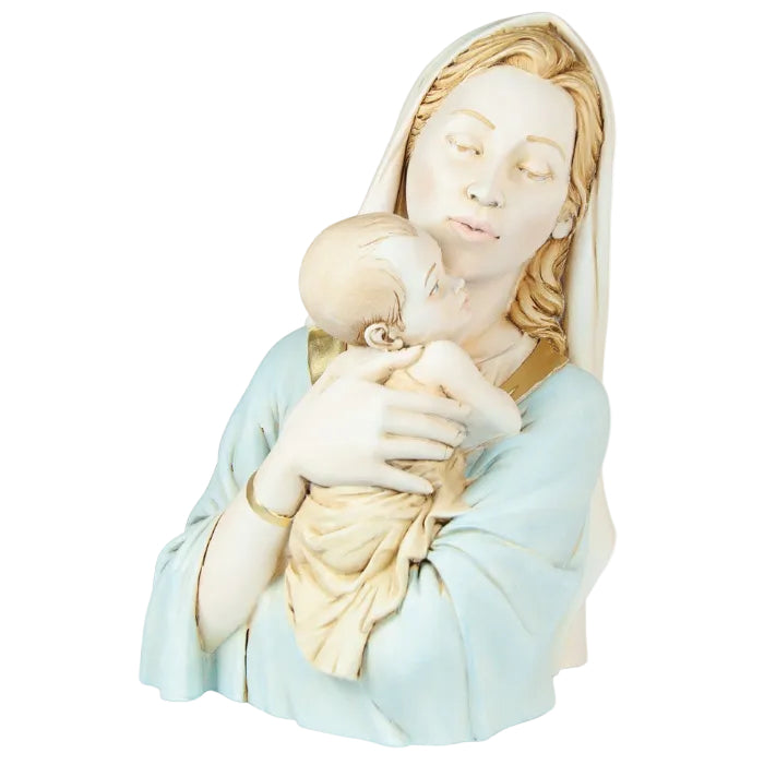 Statua mezzo busto Madonna con Bambino, in polvere di marmo colorata. Altezza 25 cm
