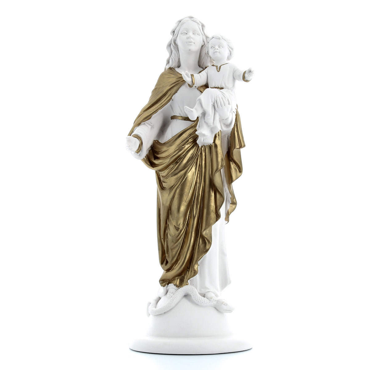 Statua Madonna con Bambino, in polvere di marmo bianco. Altezza 32 cm