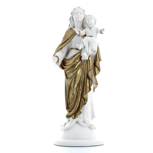 Statua Madonna con Bambino, in polvere di marmo bianco. Altezza 32 cm