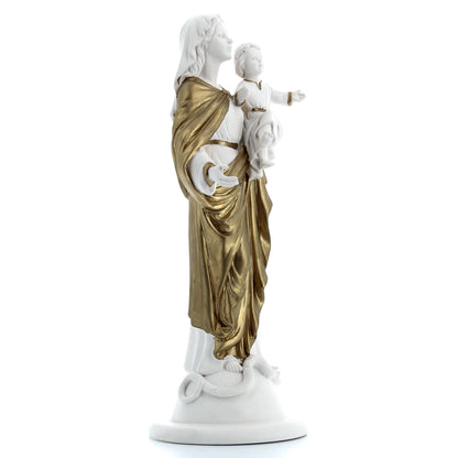 Statua Madonna con Bambino, in polvere di marmo bianco. Altezza 32 cm
