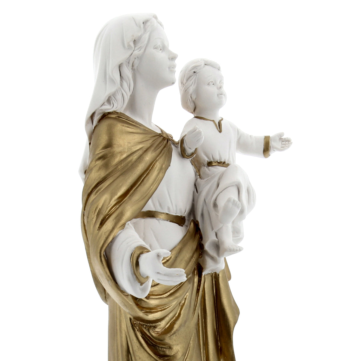 Statua Madonna con Bambino, in polvere di marmo bianco. Altezza 32 cm