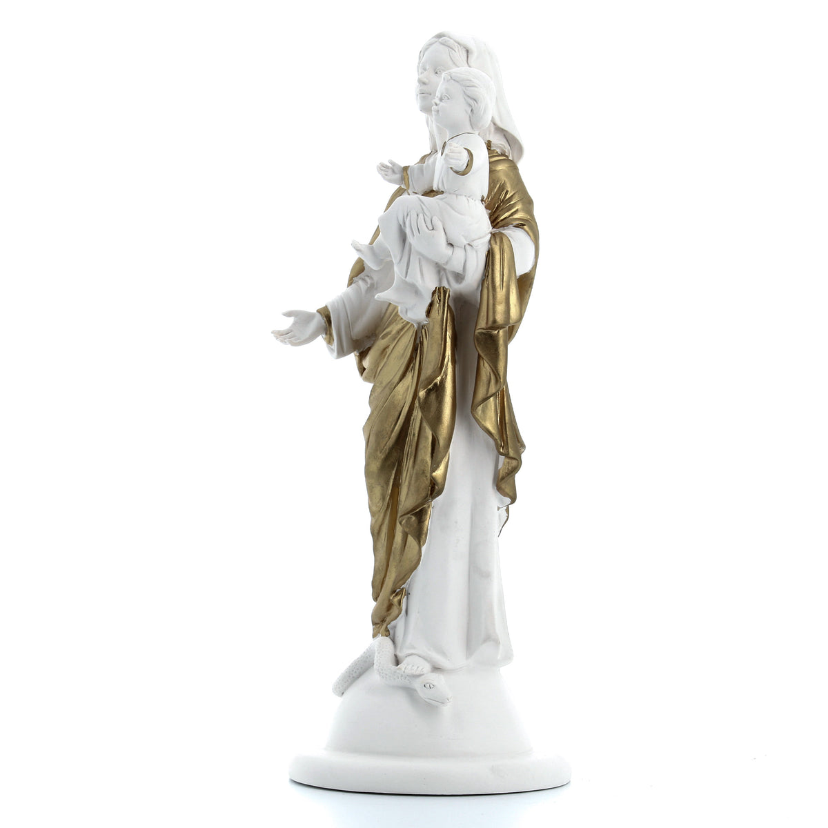 Statua Madonna con Bambino, in polvere di marmo bianco. Altezza 32 cm