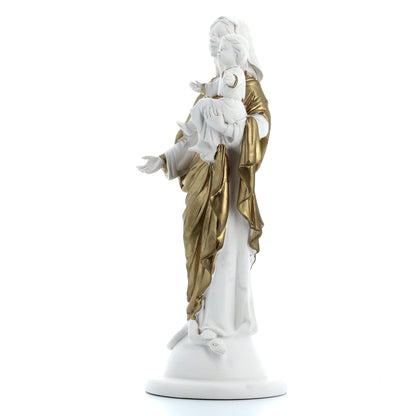 Statua Madonna con Bambino, in polvere di marmo bianco. Altezza 32 cm