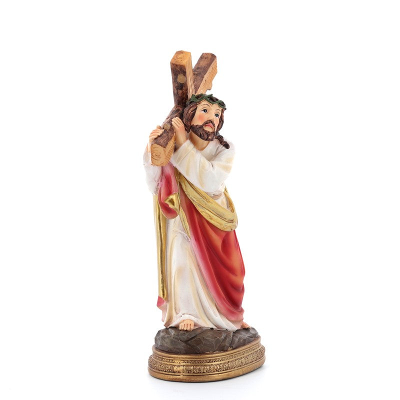 Statua Gesù che porta la Croce in resina colorata. Altezza 20 cm