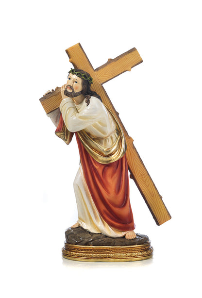 Statua Gesù che porta la Croce in resina colorata. Altezza 20 cm