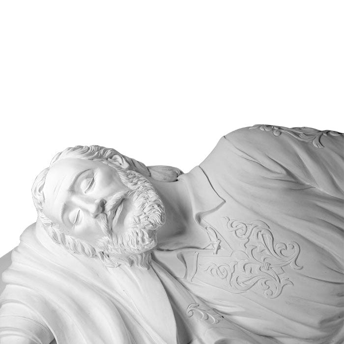 Statua san Giuseppe dormiente, in polvere di marmo bianco. Larghezza 1 m