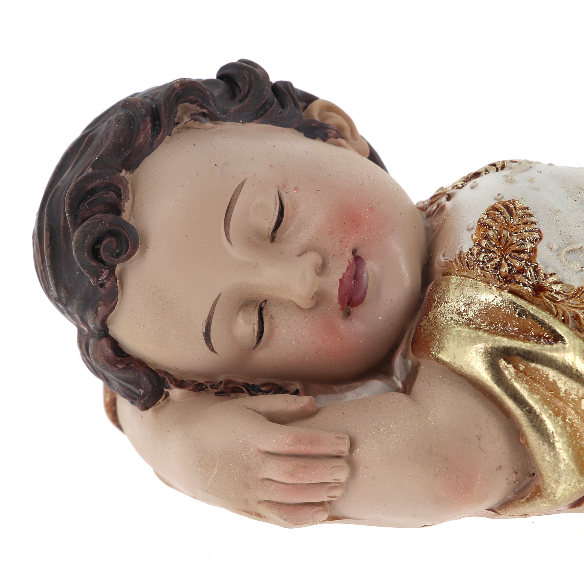 Statua Gesù Bambino dormiente in resina. Larghezza 31,8 cm