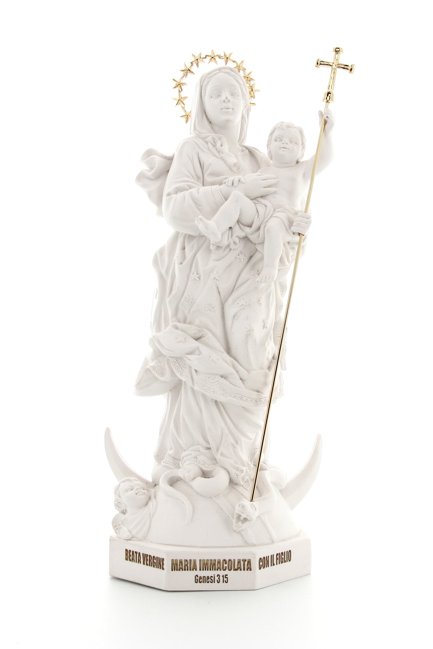 Statua Maria Immacolata, in polvere di marmo bianca. Altezza 33 cm