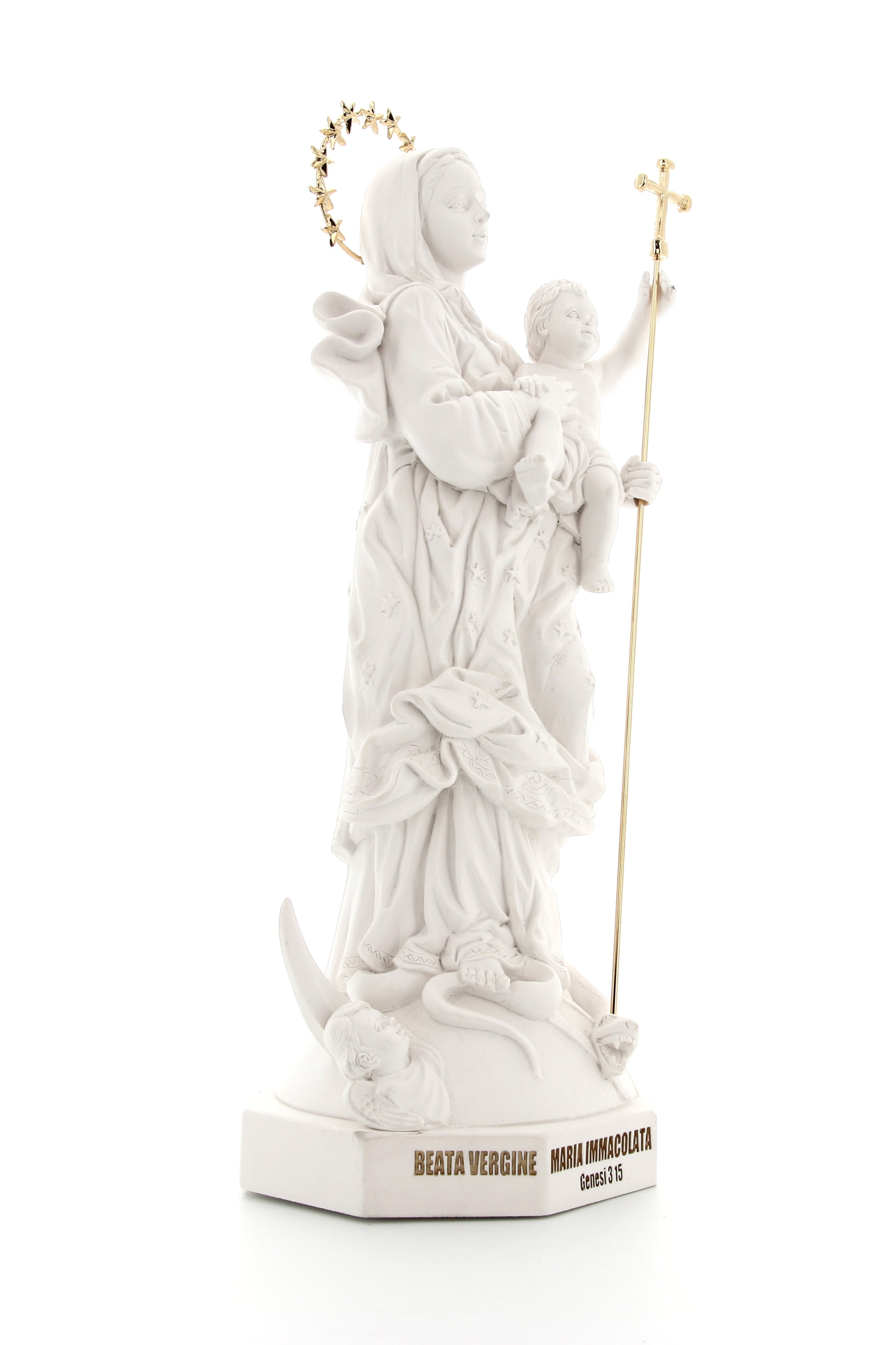Statua Maria Immacolata, in polvere di marmo bianca. Altezza 33 cm