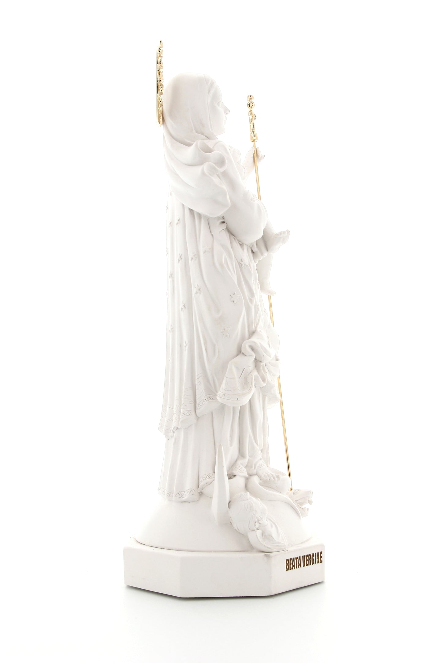 Statua Maria Immacolata, in polvere di marmo bianca. Altezza 33 cm