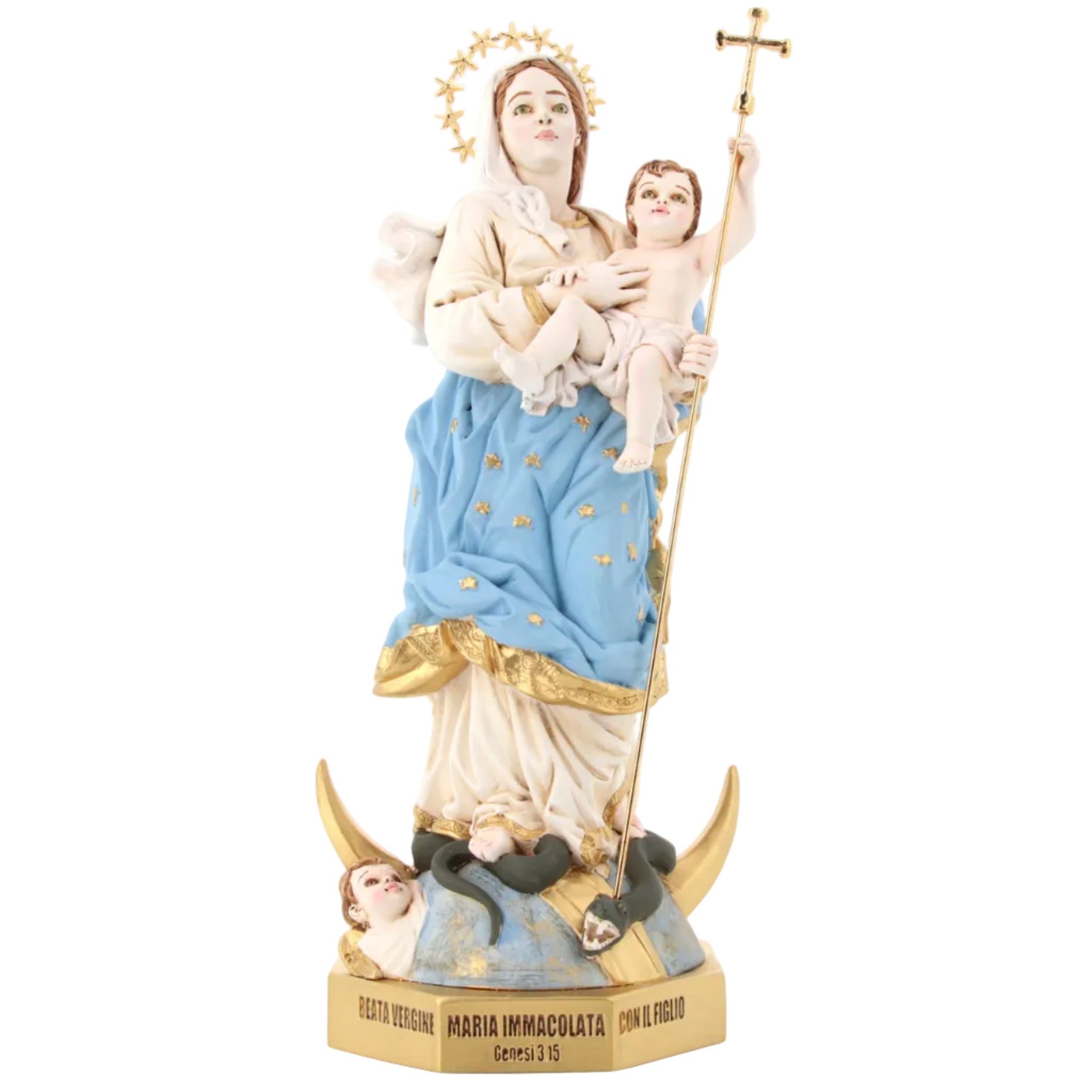 Statua Maria Immacolata, in polvere di marmo colorata. Altezza 33 cm