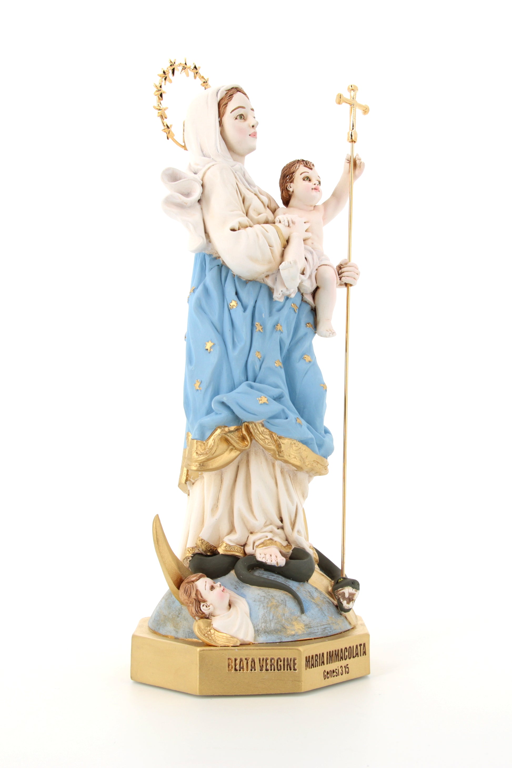 Statua Maria Immacolata, in polvere di marmo colorata. Altezza 33 cm