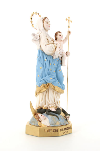 Statua Maria Immacolata, in polvere di marmo colorata. Altezza 33 cm