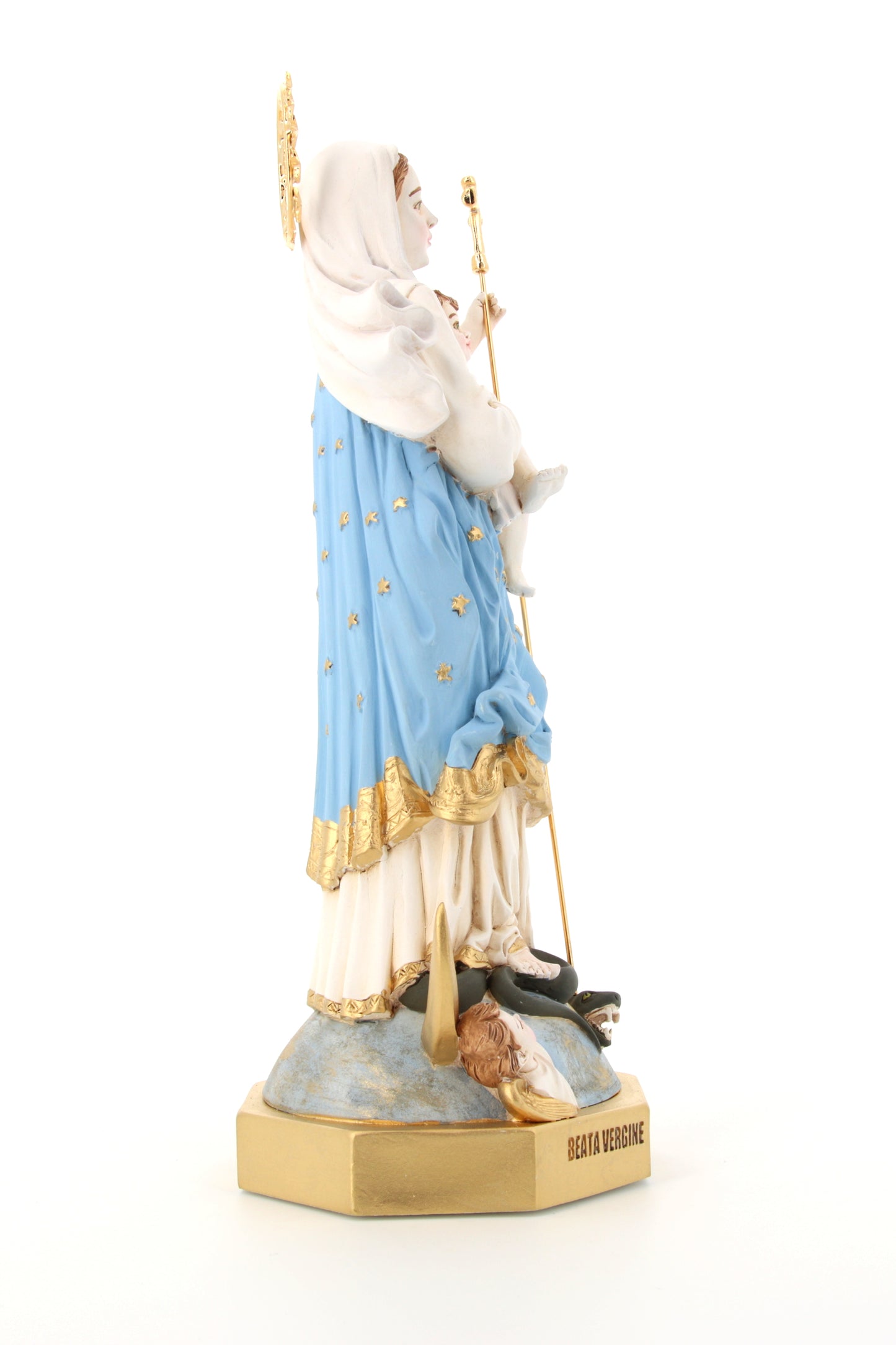 Statua Maria Immacolata, in polvere di marmo colorata. Altezza 33 cm