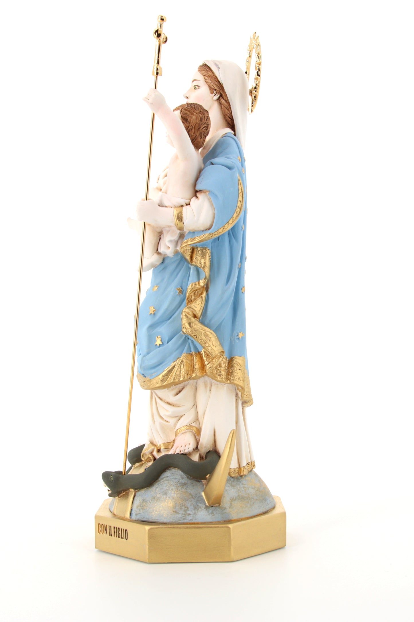 Statua Maria Immacolata, in polvere di marmo colorata. Altezza 33 cm