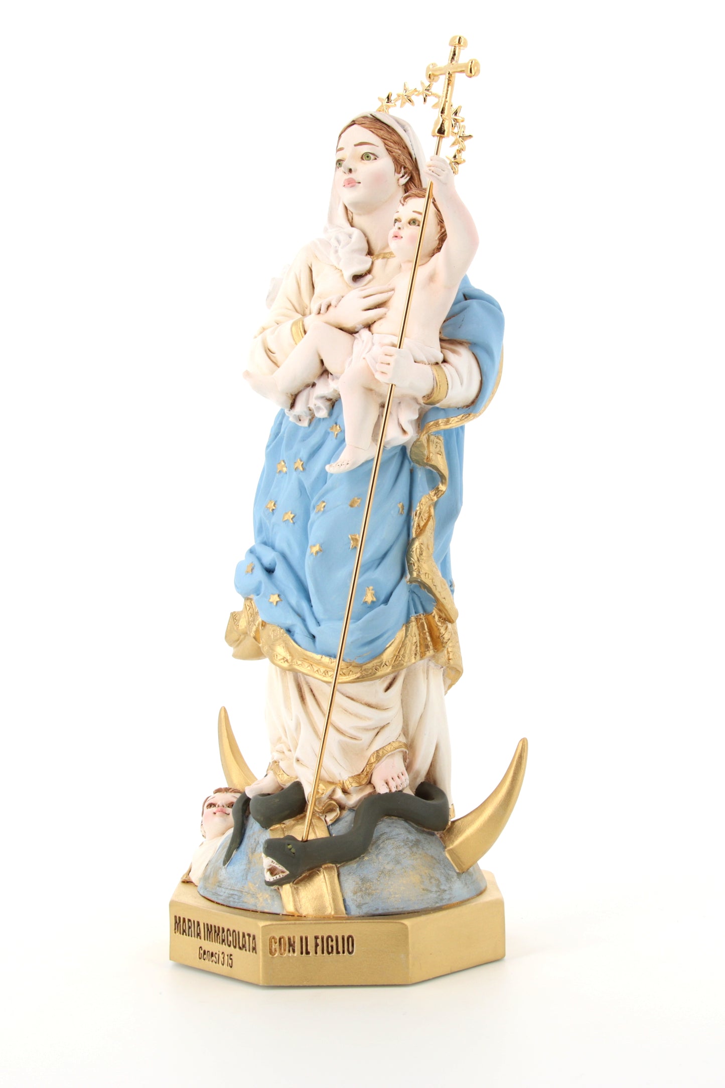 Statua Maria Immacolata, in polvere di marmo colorata. Altezza 33 cm