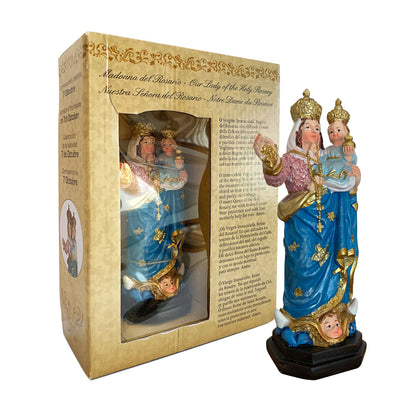 Statua Madonna del Rosario in resina, in confezione regalo. Altezza 12 cm