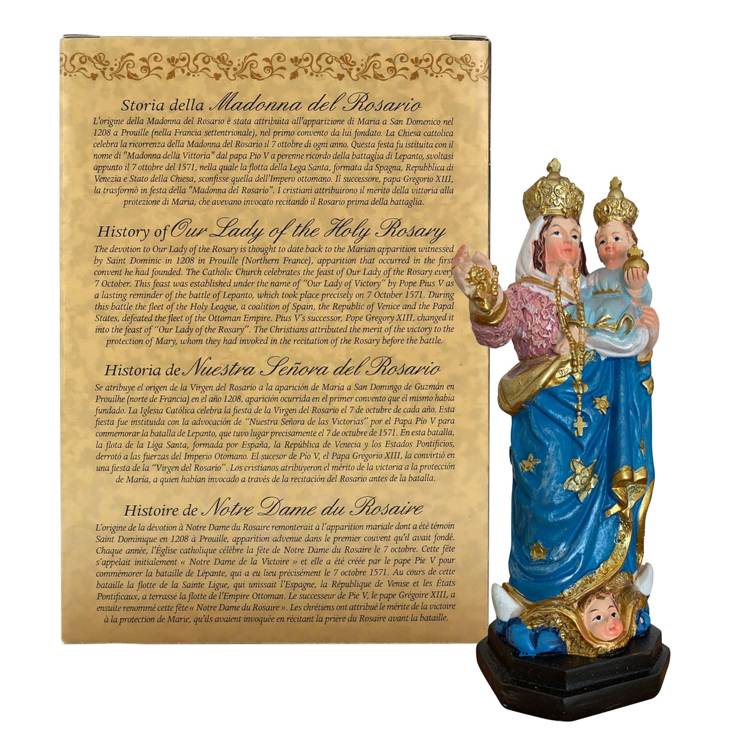 Statua Madonna del Rosario in resina, in confezione regalo. Altezza 12 cm