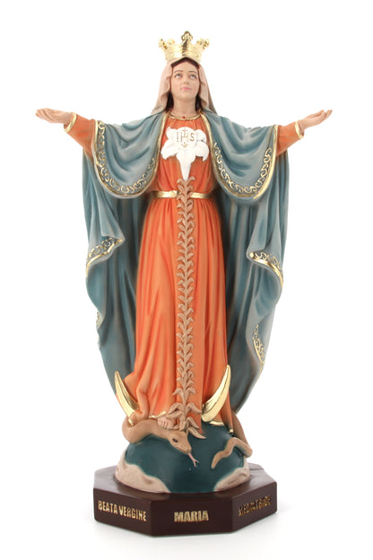 Statua Maria Mediatrice, in polvere di marmo colorata. Altezza 40 cm