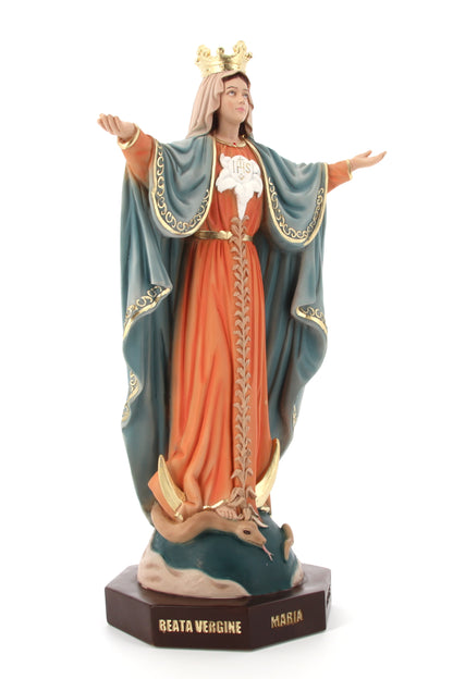 Statua Maria Mediatrice, in polvere di marmo colorata. Altezza 40 cm