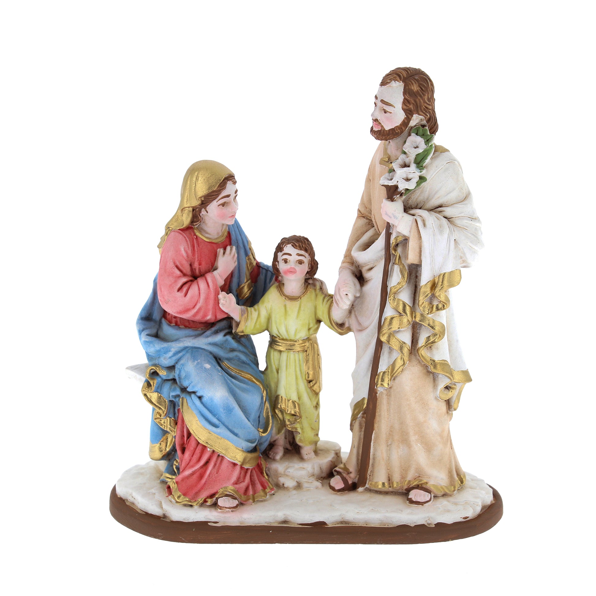 Statua santa Famiglia, in resina colorata. Altezza 14 cm