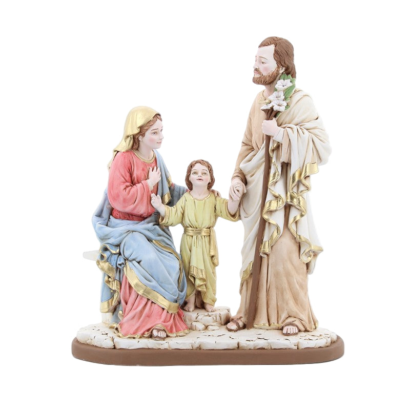 Statua santa Famiglia, in resina colorata. Altezza 21 cm