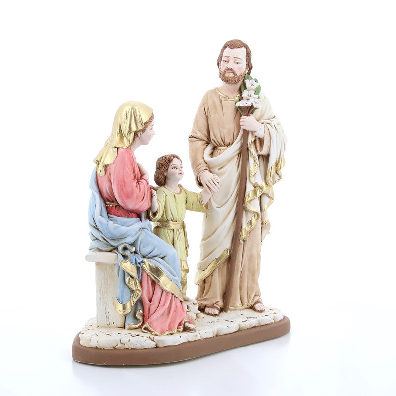 Statua Santa Famiglia, in resina colorata. Altezza 35 cm